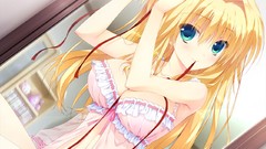 Woman Anime Ribbons fans blondes long hair anime girls blue 