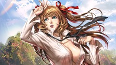 Woman Anime Ribbons long hair anime girls redheads cleavage 