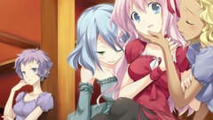 Woman Anime sitting blondes blue hair pink hair smiling gray 