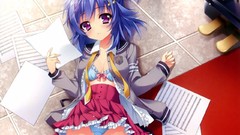 Woman Anime skirts blue hair anime girls purple eyes lying down 