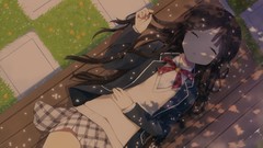 Woman Anime sleeping schoolgirls flower petals