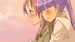 Woman Anime smiling anime girls purple hair yuri redheads 