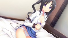 Woman Anime socks skirts anime girls bra black hair purple eyes 