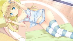 Woman Anime stockings blondes anime girls blue eyes lying down 