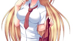 Woman Anime tie white background red eyes stockings blondes 