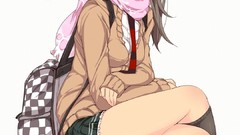 Woman Anime tie white background sitting legs skirts scarfs 