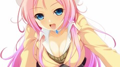 Woman Anime white background hats stockings skirts pink hair 