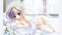Woman Anime white hair stockings anime girls green eyes lying 