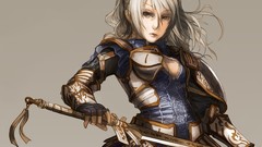 Woman armor Warriors white hair Swords cleavage artwork Simple 