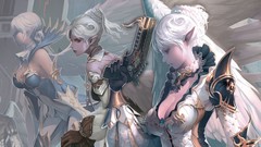 Woman armor white hair red eyes cleavage artwork lineage 2 