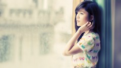 Woman asians black hair window panes upscaled