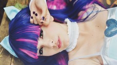 Woman asians blue hair bangs anarchy stocking purple hair 