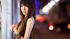Woman asians brunettes bangs black dress duplicate