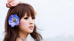 Woman asians brunettes bangs flower in hair Mikako Zhang Kaijie