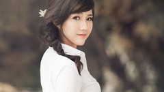 Woman asians brunettes braids white dress ponytails vietnamese