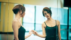 Woman asians brunettes mirrors cleavage leotard