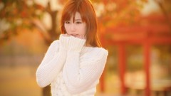 Woman asians brunettes models orange background Korean depth of 