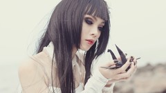 Woman asians brunettes white dress bangs