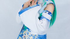 Woman asians long hair blue eyes bangs kochiya sanae green hair 