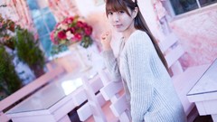 Woman asians long hair brunettes bangs ponytails Korean looking 