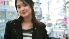Woman asians long hair Korean depth of field striped clothing 