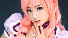 Woman asians pink hair green eyes uniforms vocaloid megurine 
