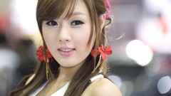 Woman asians smiling long hair brunettes models Korean depth of 