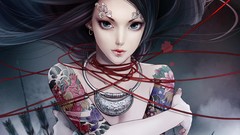 Woman asians tattoos piercings artwork topless
