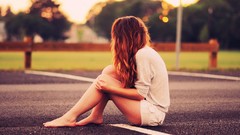 Woman asphalt outdoors barefoot redheads looking away