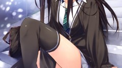 Woman ass Anime sitting schoolgirls stockings anime girls green 