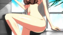 Woman ass Anime white hair red eyes sitting smiling anime girls 