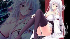 Woman ass Anime white hair sitting stockings tattoos smiling 