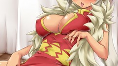 Woman ass Anime white hair sitting tongue anime girls green 