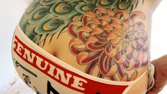 Woman ass back pants tattoos Peacocks