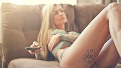 Woman ass blondes tattoos depth of field black panties Karina 