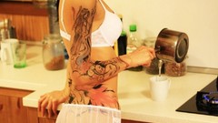 Woman ass navel legs tattoos lingerie nude boobs