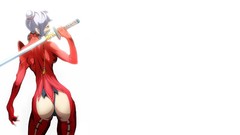 Woman ass white hair Swords artwork Simple Background bodysuits 