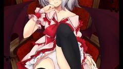 Woman ass wings Anime hats white hair red eyes sitting 