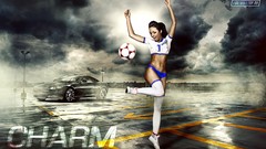 Woman Aston Martin football player bodypainting