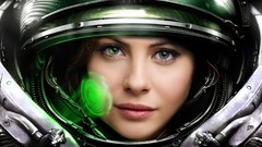 Woman astronauts faces green eyes starcraft holographic