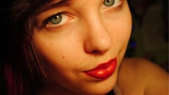 Woman back beautiful green eyes red lipstick