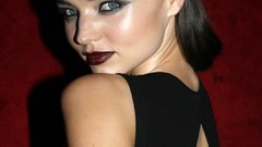 Woman back green eyes brunettes miranda kerr black dress 