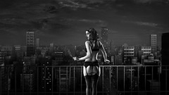 Woman balcony paintings stockings smoking bra cityscapes 
