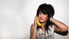 Woman bananas white background fruits katy perry bangs