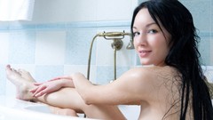 Woman bathroom wet legs brunettes models bathtubs Loreen A