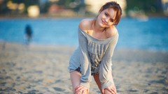 Woman Beaches outdoors smiling brunettes models