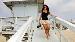 Woman Beaches sunglasses outdoors barefoot brunettes models 