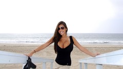 Woman Beaches sunglasses outdoors brunettes models cleavage 