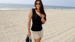 Woman Beaches sunglasses outdoors brunettes models cleavage 