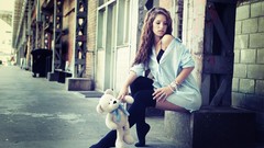 Woman Bears socks models curly hair